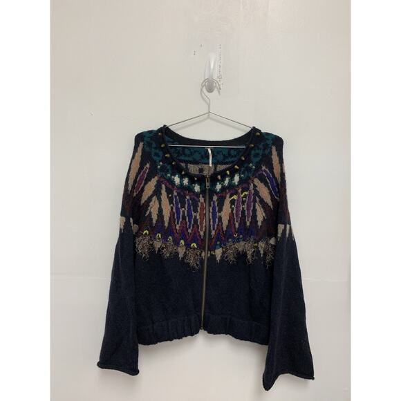 Free People Sweaters - Free People Aztec Navajo Cardi Sweater Studded Zip Front Mohair Wool Blend Sz L
